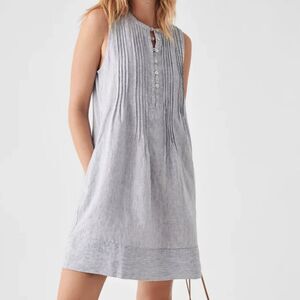 Faherty Isha Linen Dress Womens Mini S Purple White Striped Button Front Pleated